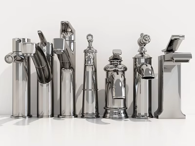 Multiple Silver Faucets Different Styles And Modern Designs On White Background 3d model