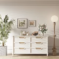 White TV Stand with Drawers Decorative Wall Palm Plant Framed Pictures Flower Arrangement Floor Lamp