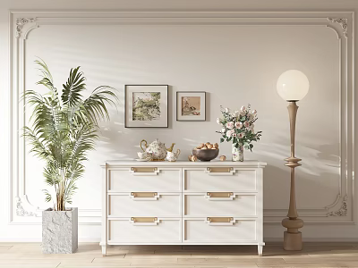 White TV Stand with Drawers Decorative Wall Palm Plant Framed Pictures Flower Arrangement Floor Lamp 3d model