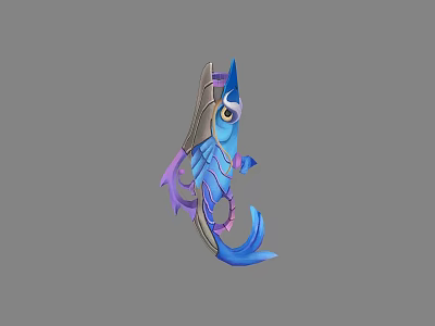 Blue And Purple Fish Shaped Weapon With Golden Accents And Decorative Fins 3d model