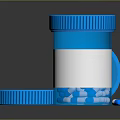 Blue Medicine Bottles With Open Cap And Scattered White Blue Tablets On Dark Surface