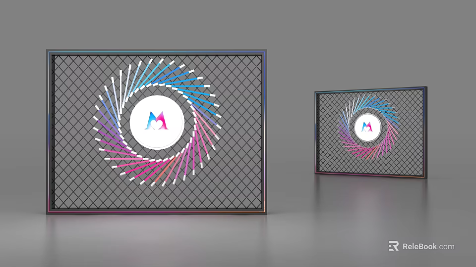 Decorative Display Frames With Colorful Spiral Pattern On Grid Background And Central Logo 3d model