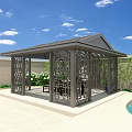 Modern Pavilion With Glass Roof And Geometric Framework Surrounded By Bamboo And Green Plants