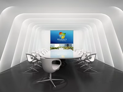 Modern Conference Room With Long Table White Chairs Curved Walls And Digital Screen 3d model
