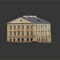 Traditional Style Yellow Multi Story Residential Building With Gray Roof Chimneys And Symmetrical Windows