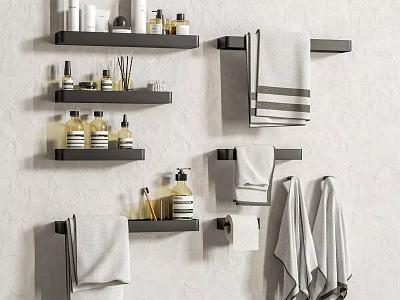 Wall Mounted Bathroom Accessories with Black Shelves Towels and Toiletries Storage 3d model