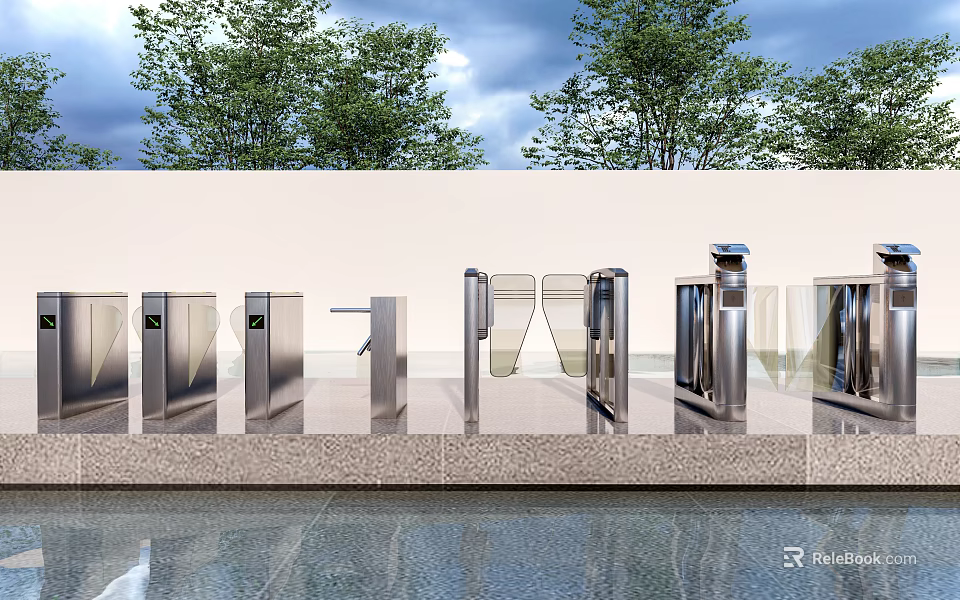 Public Facilities Various Stainless Steel Entry Turnstiles For Outdoor Public Area With Trees 3d model 