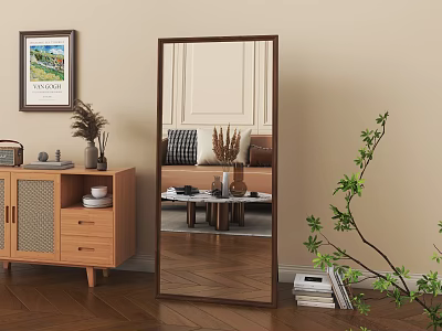 Full Length Mirror in Living Room with Wooden Furniture and Plants 3d model