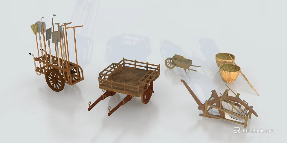 Ancient Farming Tools Collection Including Wooden Carts Wheelbarrows Plows And Baskets 3d model