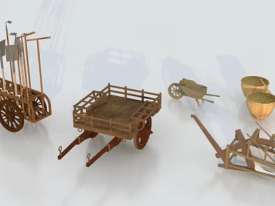 Ancient Farming Tools Collection Including Wooden Carts Wheelbarrows Plows And Baskets 3d model
