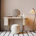 Modern Dressing Table With Round Mirror White Stool And Floor Lamp On Checkered Rug