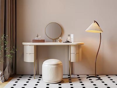 Modern Dressing Table With Round Mirror White Stool And Floor Lamp On Checkered Rug 3d model