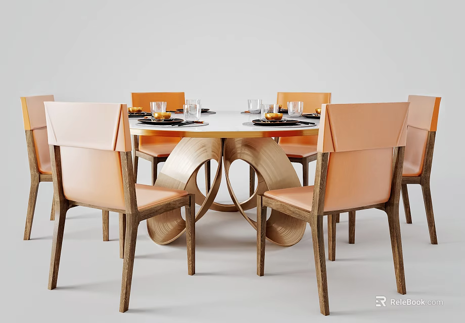 Modern Round Dining Table Set With Curved Legs And Six Light Brown Chairs 3d model