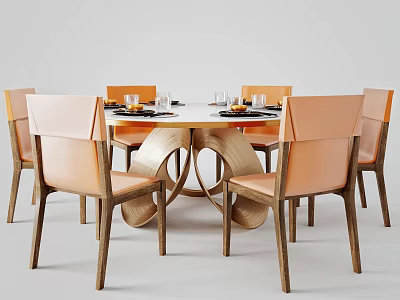 Modern Round Dining Table Set With Curved Legs And Six Light Brown Chairs 3d model