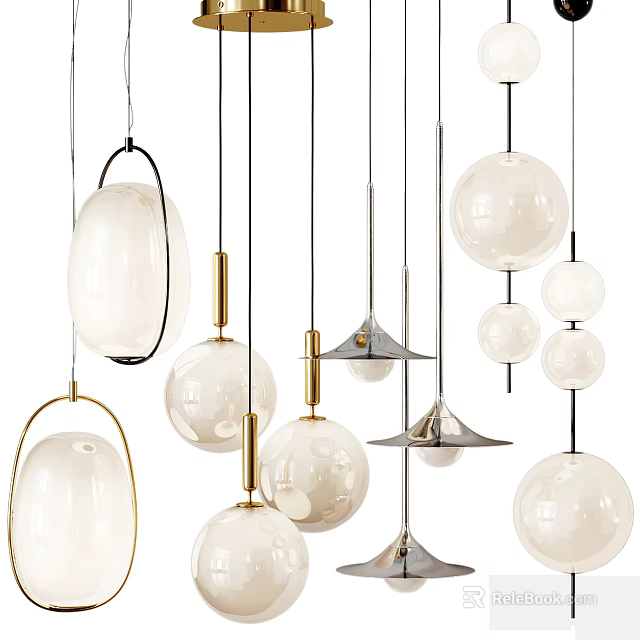 Modern Pendant Lights With Various Shapes White Glass Shades And Metal Frames 3d model 