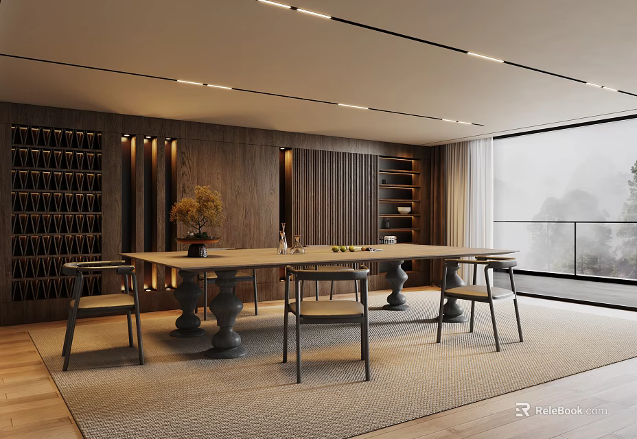 Modern Restaurant Interior With Long Dining Table Wine Rack And Floor To Ceiling Windows 3d model 