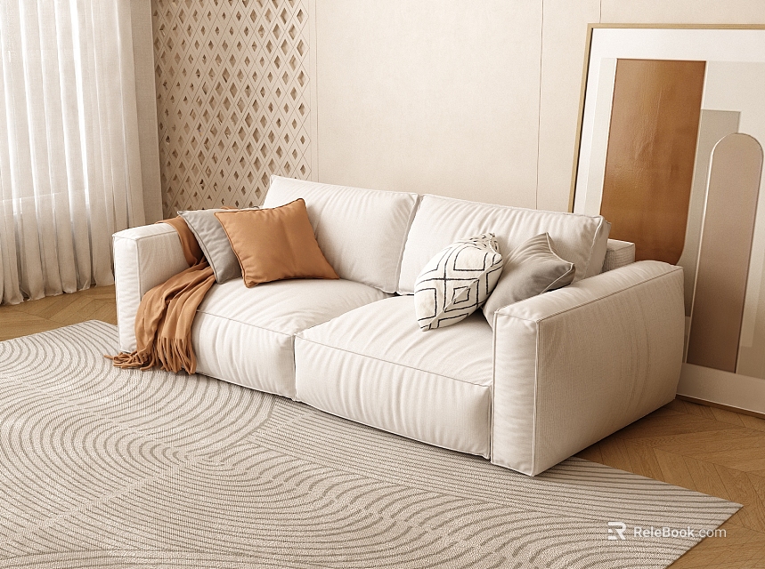 Modern White Two Seater Sofa With Brown Gray Pillows And Wave Pattern Area Rug 3d model 
