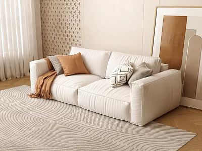 Modern White Two Seater Sofa With Brown Gray Pillows And Wave Pattern Area Rug 3d model