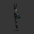 Futuristic Cyberpunk Game Movie Character With Mechanical Rabbit Ears Glowing Eyes And Weapon