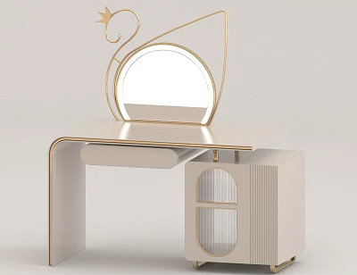 Elegant White Gold Dressing Table With Swan Shaped Mirror And Glass Door Cabinet 3d model