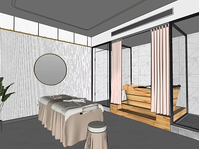 Elegant SPA Sauna Interior With Massage Bed Pink Curtains Round Mirror And Plant 3d model