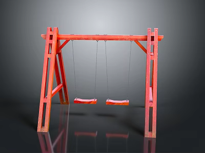 Red Wooden Outdoor Swing Set With Double Seats And Hanging Ropes Frame 3d model