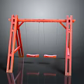 Red Wooden Outdoor Swing Set With Double Seats And Hanging Ropes Frame