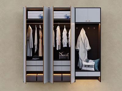 Modern Wardrobe Interior With Hanging Shirts Robes Drawers And Built in Lighting 3d model