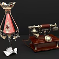 Retro Digital Telephone With Wooden Base Rotary Dial And Pink Lampshade Gold Accents