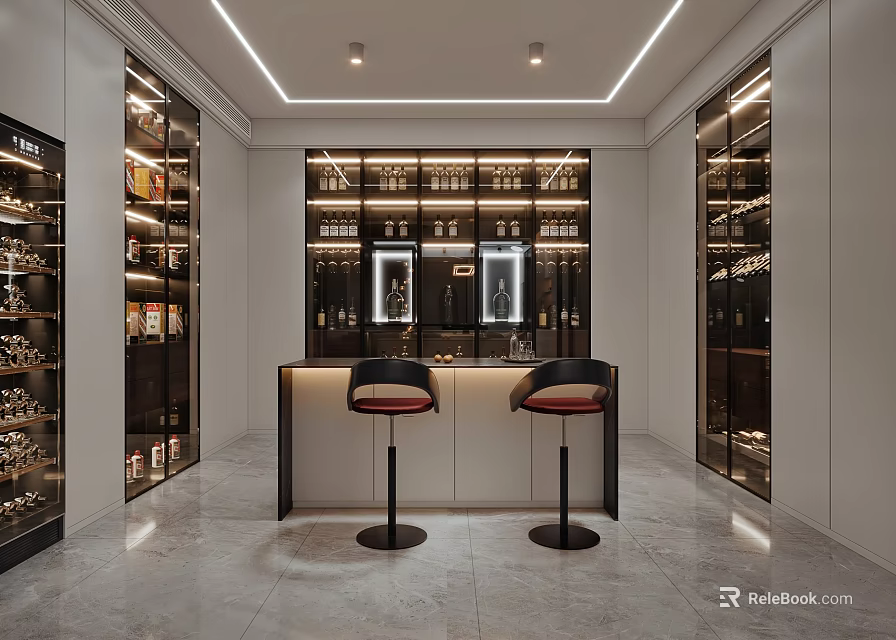 Modern Sleek Entertainment Room Interior With Glass Door Wine Racks Bar Counter And Bar Stools 3d model 