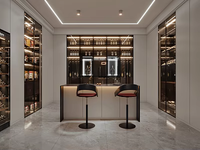 Modern Sleek Entertainment Room Interior With Glass Door Wine Racks Bar Counter And Bar Stools 3d model