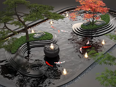 Water Fountain with Koi Fish Fire Bowls and Stepped Design Trees 3d model