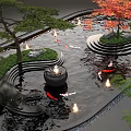 Water Fountain with Koi Fish Fire Bowls and Stepped Design Trees