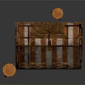 Rustic Fruit Stall Featuring Striped Awning Wooden Shelves Fruit Baskets And Small Stool
