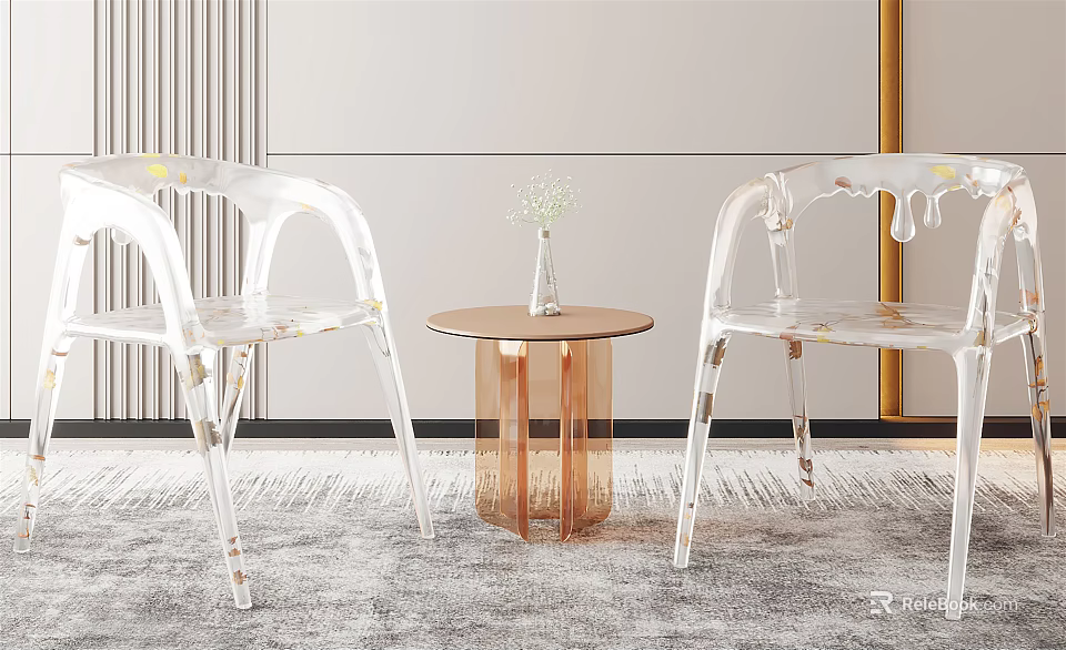 Modern Transparent Chairs And Round Copper Base Table With Vase Plant On Gray Carpet 3d model 