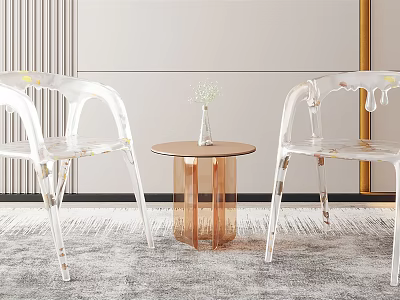 Modern Transparent Chairs And Round Copper Base Table With Vase Plant On Gray Carpet 3d model