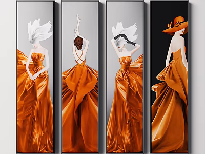 Vertical Art Paintings With Female Figures In Orange Dresses And Hat 3d model