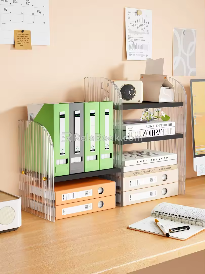 Study Desk Bookshelf Folder File Rack Paper Cam Paperone Book Ornaments Projector Laptop Post-it Notes 3d model