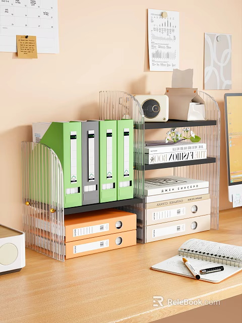 Organized Home Office With Clear Acrylic Shelf Green Gray Folders Books And Small Speaker 3d model 