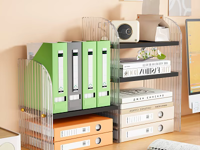 Organized Home Office With Clear Acrylic Shelf Green Gray Folders Books And Small Speaker 3d model