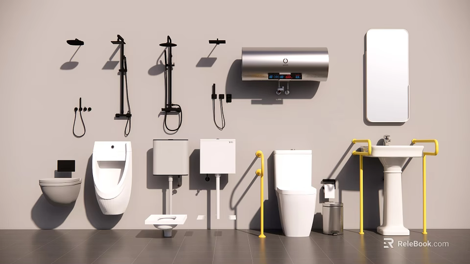 Complete Bathroom Fixtures Set With Toilet Urinal Sink Shower System Water Heater And Mirror 3d model 