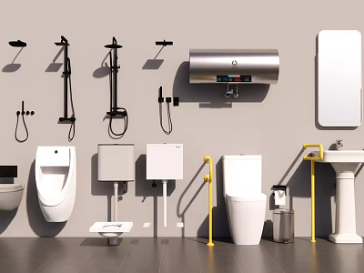 Complete Bathroom Fixtures Set With Toilet Urinal Sink Shower System Water Heater And Mirror 3d model