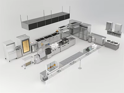 Commercial Kitchen Stainless Steel Appliances And Various Cooking Equipment Layout 3d model