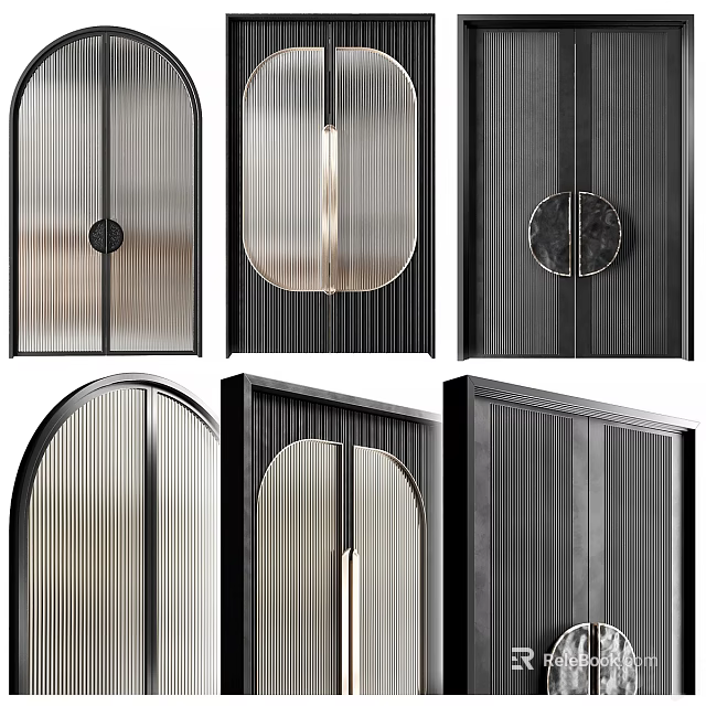 Elegant Modern Double Doors With Striped Glass Arched Tops And Wooden Frames 3d model 
