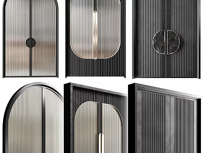 Elegant Modern Double Doors With Striped Glass Arched Tops And Wooden Frames 3d model
