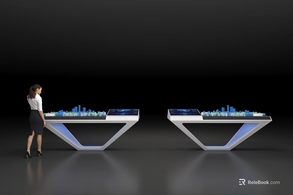 Modern White Display Shelves With Tablet Screens City Models And Blue Lighting 3d model 