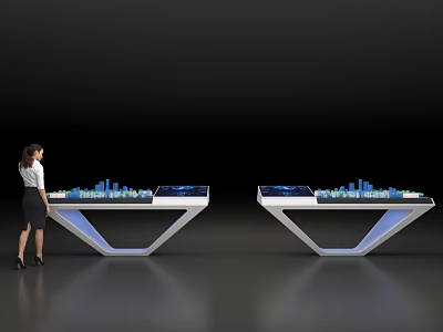 Modern White Display Shelves With Tablet Screens City Models And Blue Lighting 3d model