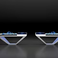 Modern White Display Shelves With Tablet Screens City Models And Blue Lighting