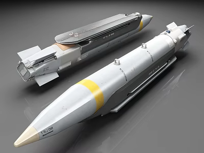 Two Silver Military Missiles With Yellow Stripes And Aerodynamic Design Details 3d model
