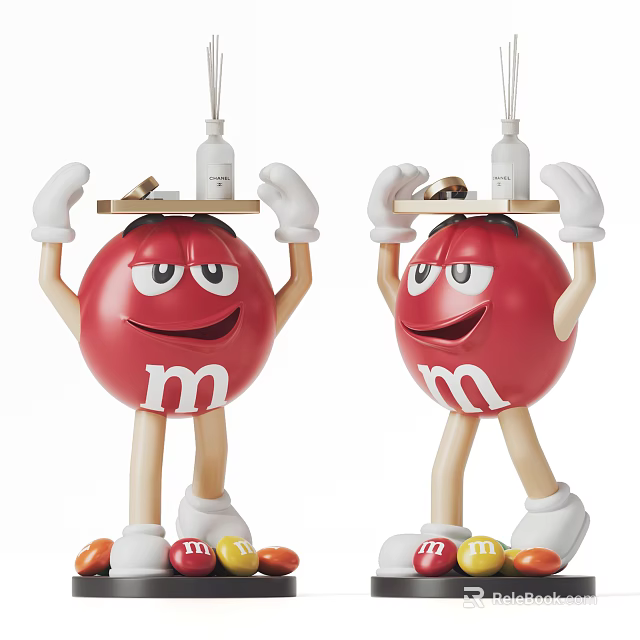 Red M&M Shaped Decorative Ornament Set With Arms Legs White Gloves And Small Wooden Plank 3d model 